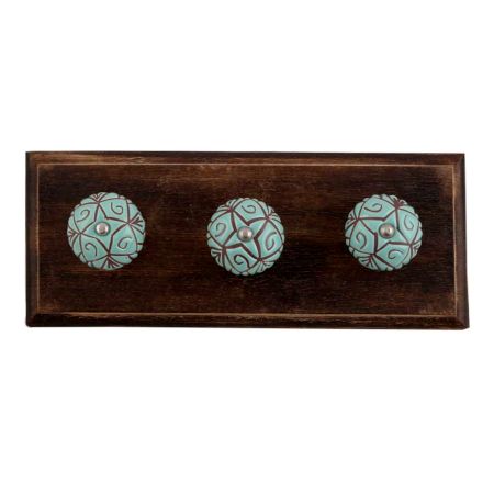 Sea Green Etched Ceramic Floral Wooden Hooks